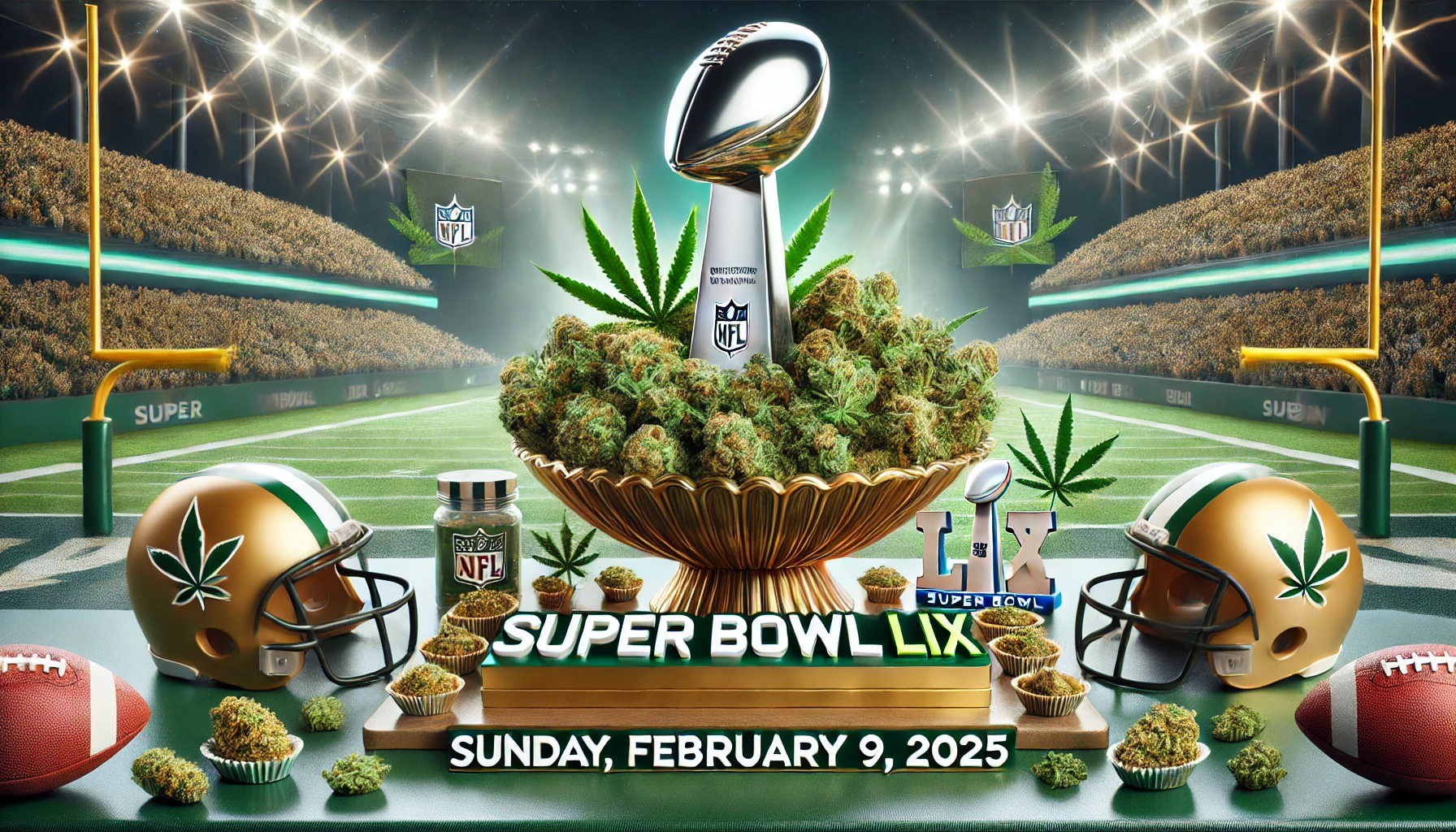 cannabis and Super Bowl LIX-themed event on February 9, 2025, featuring a prominent bowl of marijuana